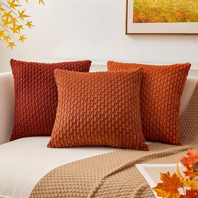 Kevin Textile Fall 16x24 Inch Pillow Cover 1 Pack Boho Decorative Soft Striped Corduroy Lumbar Farmhouse Solid Color Accent Rectangle Cushion Case for Living Room Couch Sofa Bed, Burnt Brick