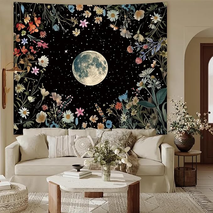 Apdidl Moon Floral Ceiling Tapestry for Bedroom Decor, Boho Flower Plant Garden Aesthetic Tapestries Wall Hanging, Black Nature Butterfly Wall Covering for Dorm Living Room (51"X60")