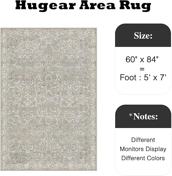 HUGEAR Area Rug 5x7 Retro Grey Machine Washable Living Room Rugs Distressed Vintage Floral Vacuumable Low Pile Carpet Bedroom Office Dining Room Laundry Room Non Slip Soft Lightweight