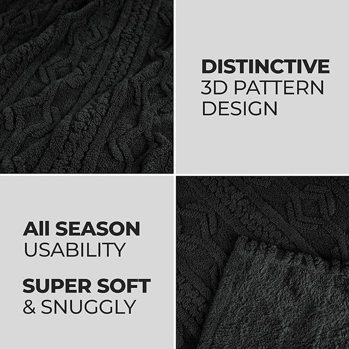 Superior Fleece Boho Jacquard Blanket, Decorative Blankets for Bedroom, Sofa, Fuzzy, Plush, Fluffy, Soft, Cute Room Decor, Beautiful Cover, Comfort Essentials, Arctic Collection, Full/Queen, Black
