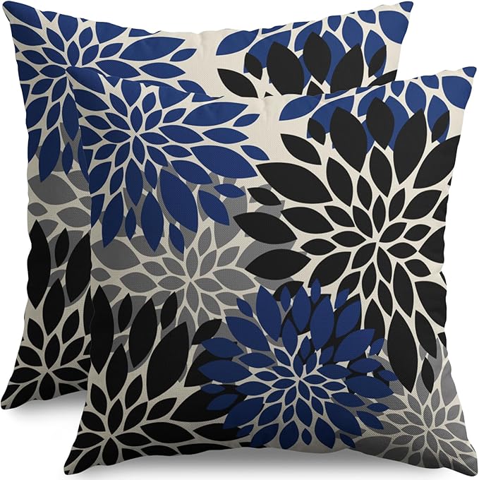 Black Navy Blue Pillow Covers 18X18 Inch Set of 2, Spring Summer Floral Dahlia Flower Cream Decorative Throw Pillow Covers Outdoor Modern Farmhouse Cushion Case for Home Couch Sofa Bed Decor