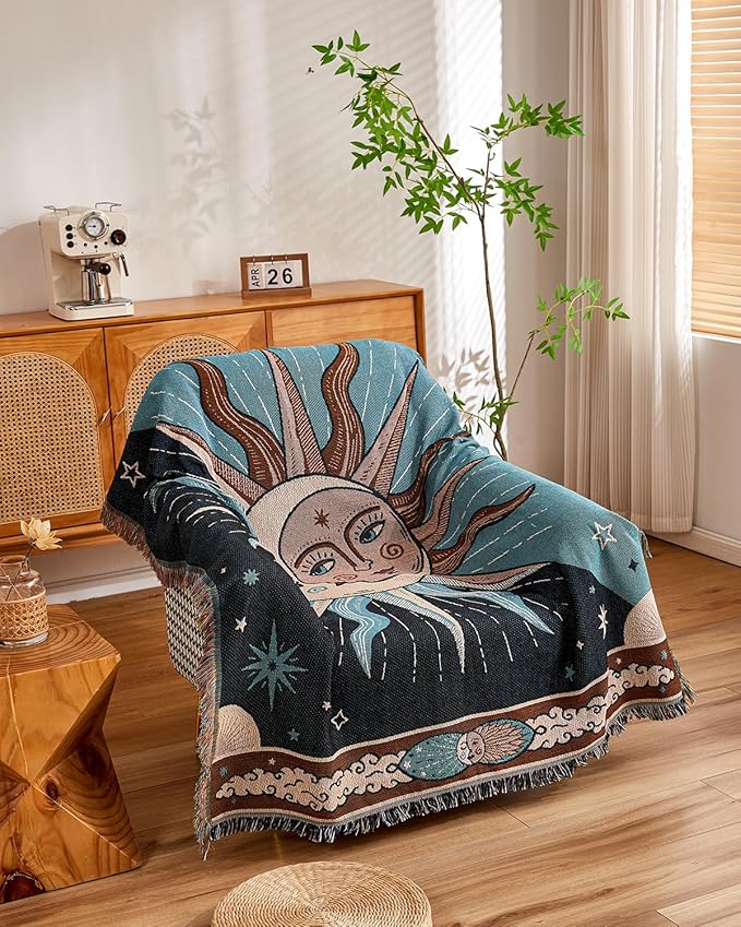 Erke Chair Recliner Cover Boho Throw Blanket Hippie Room Decor Wall Hanging Tapestry Outdoor Picnic Camping Rug Mattress Beach Towel Sofa Furniture Slipcover Bohemian 50”x70” The Sun and Moon Stars