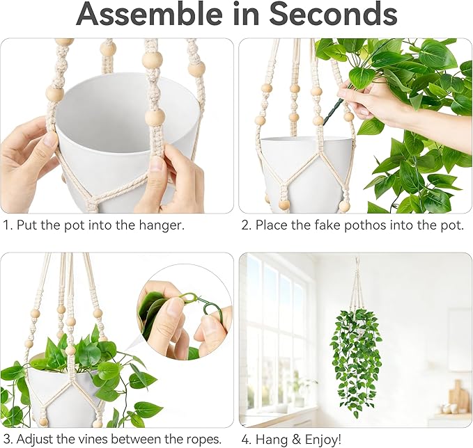 USLAI Fake Hanging Plant, Artificial Pothos Vines Greenery with Pot and Macrame Plant Hanger for Indoor Outdoor Boho Decor