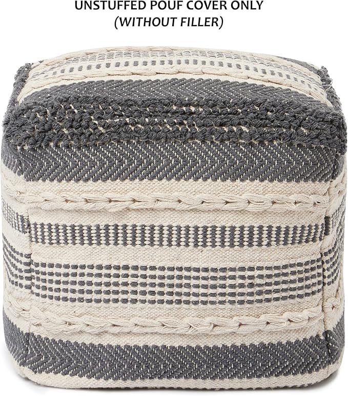 REDEARTH · UNSTUFFED Pouf Ottoman Cover Textured Cube Bean Bag Poof Pouffe Footrest for Living Room, Bedroom, Patio, Gym; 100% Cotton (18"X18"X18", Precis Descant Gray)