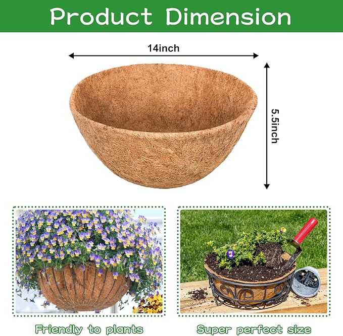 Riare 4 Pack 14 Inch Round Coco Liners Replacement, 100% Natural Coconut Coir Liners for Hanging Baskets, Garden Flower Vegetables Planter Pot, Window Box, Fence, Decks