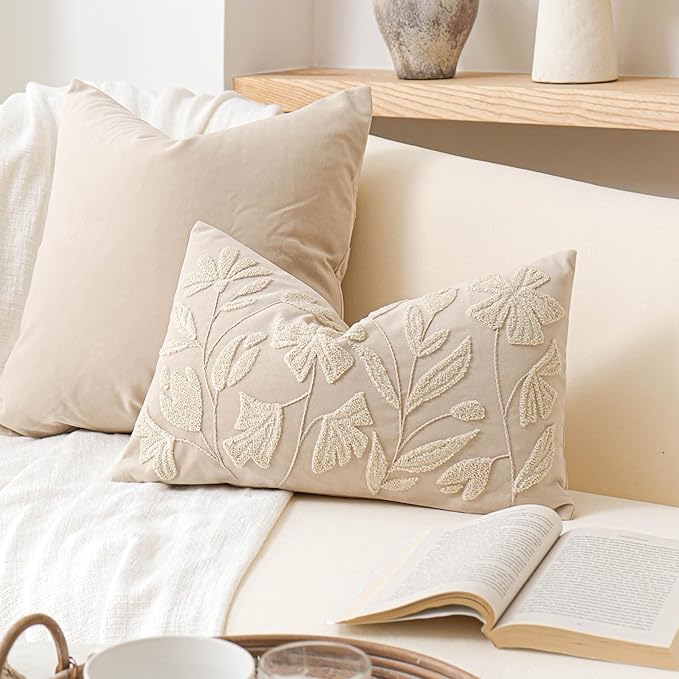 BlissBlush 12x20 Lumbar Pillow Cover, Rectangular Neutral Beige Decorative Throw Pillowcase for Couch Sofa, Embroidered Velvet Farmhouse Accent Cushion (Cover Only)