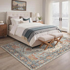 GENIMO 8x10 Area Rugs for Living Room, Machine Washable Non Slip Rugs, Low Pile Lightweight Print Rug for Bedroom, Dining Room, Home Office, Vintage Blue/Amber