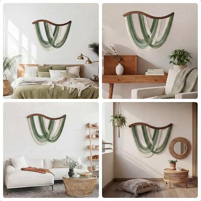 Mindsoft Green Macrame Wall Hanging Dip Dyed Yarn Wall Art, Modern Boho Decor Handmade Cotton Rope Tapestry for Bedroom, Living Room, Nursery, 31.5 x 23.6 Inch