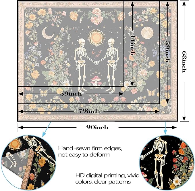 Wegklazax Skull Moon and Flowers Tapestry, Bohemian Hippie Gothic Wall Hanging for Room Decor, Mystical Altar Home Decor 90L x 70W