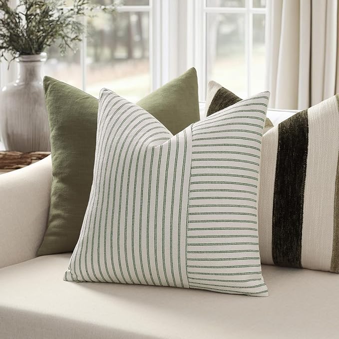 YCOLL Farmhouse Pillow Covers 26x26, Modern Accent Square Throw Pillow Covers Set of 2, Olive Green and Beige Striped Patchwork Linen Decorative Cushion Covers for Couch Chair Bedroom Home Decor