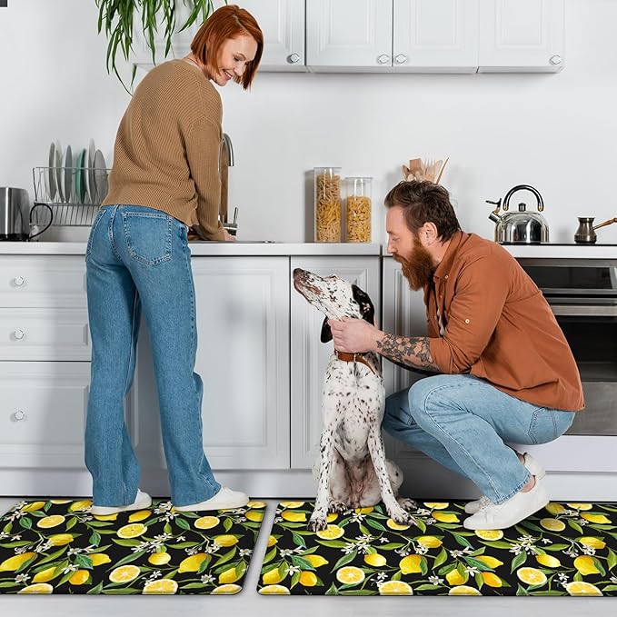 MAYHMYO Lemon Kitchen Mat Set of 2 - Anti Fatigue Mats for Kitchen Floor - Non Slip Cushioned Rugs for Standing - Lemon Decor (17.3"×29"+17.3"×47"-0.4") Black