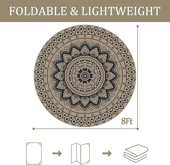 Outdoor Round Rug 8ft, Easy Jute Rug Washable Indoor Outdoor Patio Rug, Non Slip Round Area Rug Farmhouse Front Door Mat,Boho Lightweight Carpet for Backyard Patio Entry (Black,8 Ft)