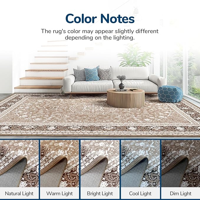 Lessymo 9 x 12 Area Rugs for Living Room, Machine Washable Area Rugs Boho Faux Wool Low Pile Area Rug for Bedroom, Floral Medallion Vintage Rugs with Non-Slip Rubber, Kid & Pet Friendly, Brown White