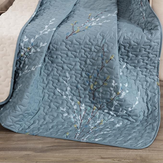 Exclusivo Mezcla 50"x 60" Quilted Throw Blanket- Microfiber Quilt Throw with Floral Pattern, Reversible Stone Blue Versatile Lap Quilt for All Seasons, Lightweight Throws for Bed/Couch/Sofa