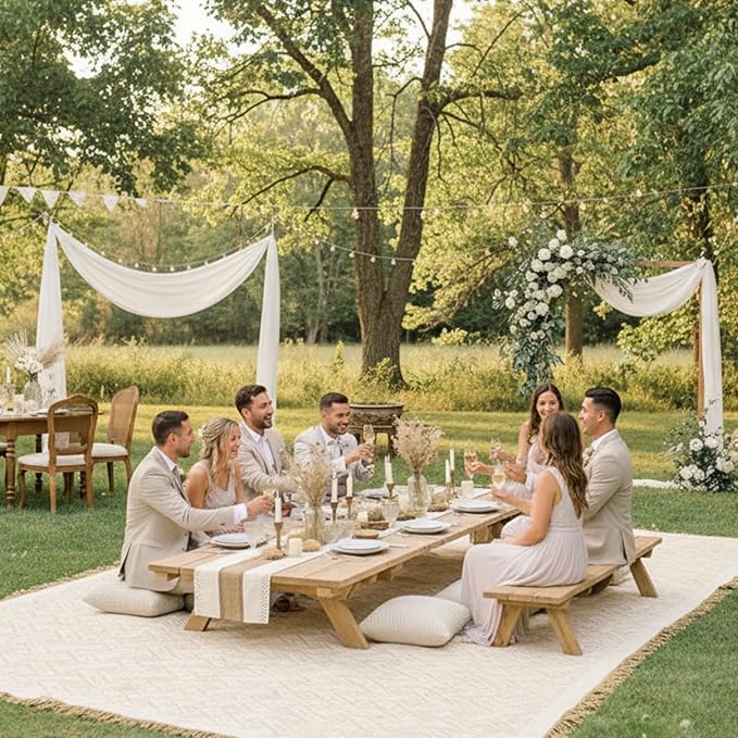 Extra Large Outdoor Boho Picnic Blanket 118'' x 71'' Beige White Table Runner 6 Throw Pillow Cover Woven Cotton Yarn Oversize Beach Blanket Washable for Picnic Camp Wedding