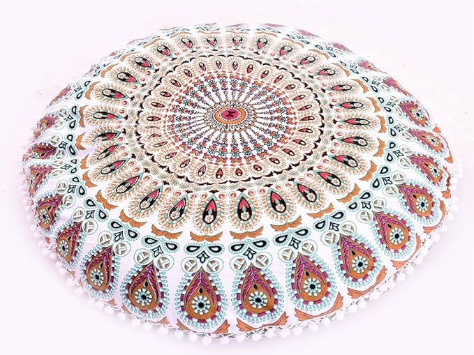 Large 32" Pink Manadala Round Pillow Cover, Decorative Mandala Pillow Sham, Indian Bohemian Ottoman Poufs, Pom Pom Pillow Cases, Outdoor Cushion Cover,