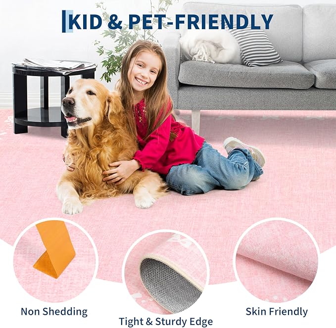 GarveeHome Bow Washable 8x10 Area Rugs for Living Room Non Slip Soft Solid Pink Bedroom Rugs Low Pile Foldable Large Area Rug Stain Resistant Carpet for Nursery Dining Room Playroom, Pink