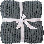 Bigacogo Chunky Knit Throw Blanket for Couch, 40x80 inches, 100% Hand Knitted with Thick Jumbo Chenille Yarn, Cozy Soft Large Rope Knot Cable Crochet Blankets for Sofa Bed Living Room, Iron Gray