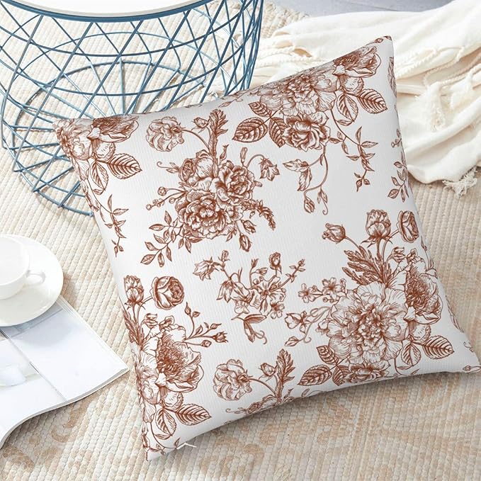 Chinoiserie Brown and White Pillow Covers 18x18 Set of 2, Vintage Rustic Flower Floral Throw Pillow Covers Outdoor Decorative Pillow Case for Couch Bed Sofa Cushion Home Decor