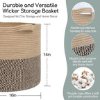 Large Wicker Storage Basket, 16" x 14" Woven Baskets for Storage, Blanket Storage for Living Room, Big Round Wicker Bin for Laundry, Pillows, Towels, Shoes, Dog Kids Toy Box, Home Decor