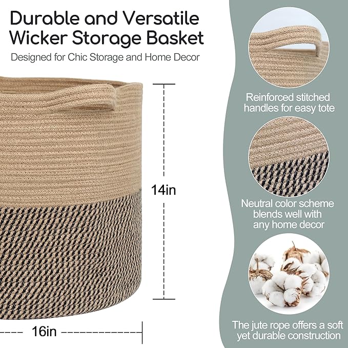 Large Wicker Storage Basket, 16" x 14" Woven Baskets for Storage, Blanket Storage for Living Room, Big Round Wicker Bin for Laundry, Pillows, Towels, Shoes, Dog Kids Toy Box, Home Decor