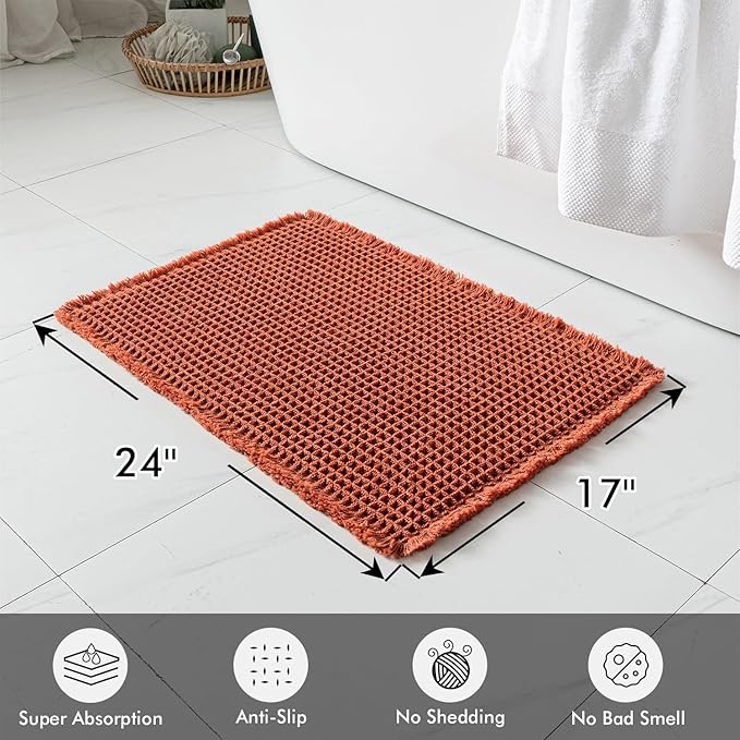 MIULEE Orange Set of 2 Waffle Bathroom Rugs, Boho Bath Rugs Non Slip Washable, Super Absorbent Bath Mats, Ultra Soft Rubber Backed Shower Mats for Bathroom Floor, Tub and Shower, 17x24 Inch