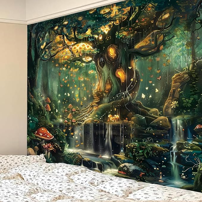 Apdidl Forest Wall Tapestry for Bedroom, Nature Green Tree of Life Tapestries Wall Hanging, Fairy Tales Magical Landscape Backdrop Mural for Living Room Dorm Decor (60"X79")