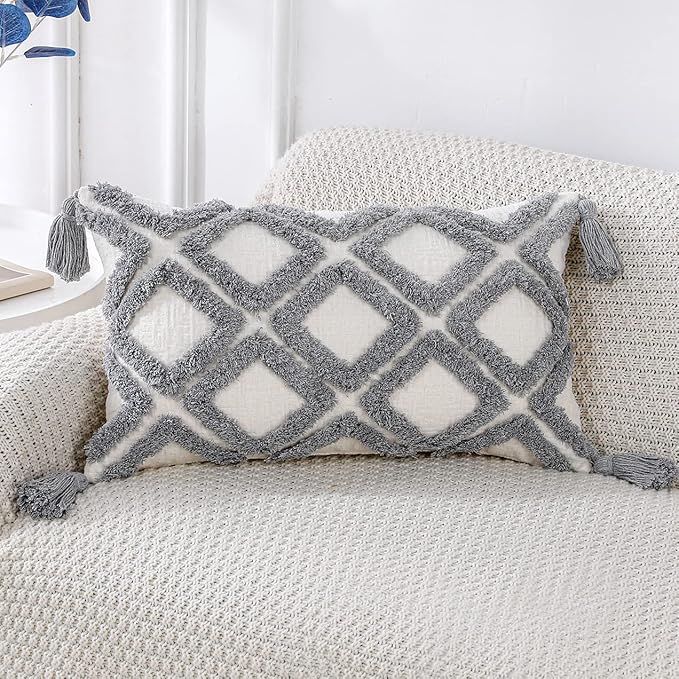 PANOD Super Soft Farmhouse Decorative Plush Throw Pillow Covers 12 x 20 Grey,Solid Diamond Pattern Tufted with Tassels Modern Accent Boho Lumbar Cushion Cover Pillow Case for Couch Sofa