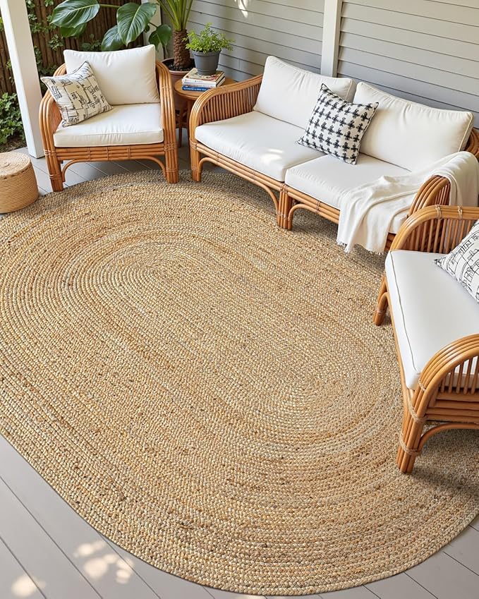 DEXI Jute Area Rug Natural Fiber 8x10 Oval, Woven Braided Durable Farmhouse Design Rugs for Living Room, Bedroom Dinning Room Office Outdoor Patio, Natural