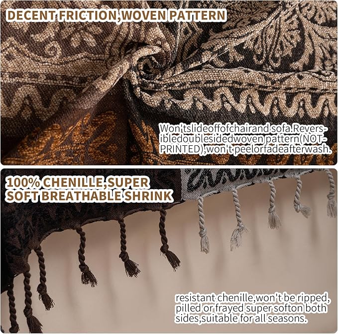 Boho Throw Blanket, Chenille Jacquard Tassels Throw Blankets for Bed Couch Soft Chair， Bohemian Fringe Tassels (Black, Large 86 * 102Inches)