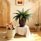 12 Inch Hand Woven Rattan Planter Pot with Stand - Large Decorative Basket for Indoor Plants, Flowers, and Storage - Boho Home Decor for Living Room, Patio, and Entryway (Brown)