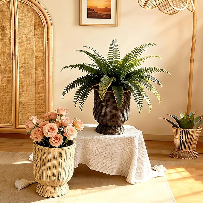 12 Inch Hand Woven Rattan Planter Pot with Stand - Large Decorative Basket for Indoor Plants, Flowers, and Storage - Boho Home Decor for Living Room, Patio, and Entryway (Brown)