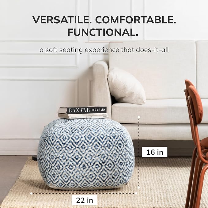 Anji Mountain Pouf Ottoman Foot Rest, Handmade Ottoman Pouf, Comfortable Foot Stool, Decorative Floor Seating for Living Room Decor, Bedroom & Home Décor Accent - Aegean