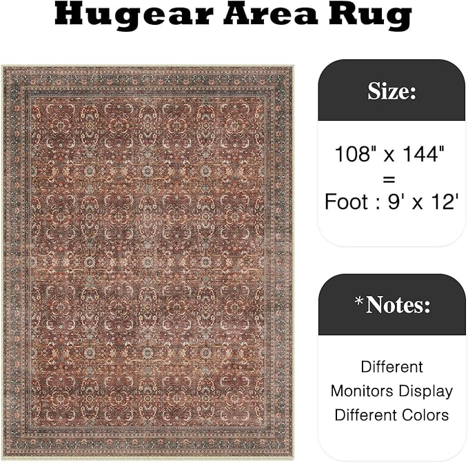 HUGEAR Area Rug 9x12 Vintage Brick Red Machine Washable Living Room Rugs Distressed Retro Floral Vacuumable Low Pile Carpet Bedroom Office Dining Room Laundry Room Non Slip Soft Lightweight