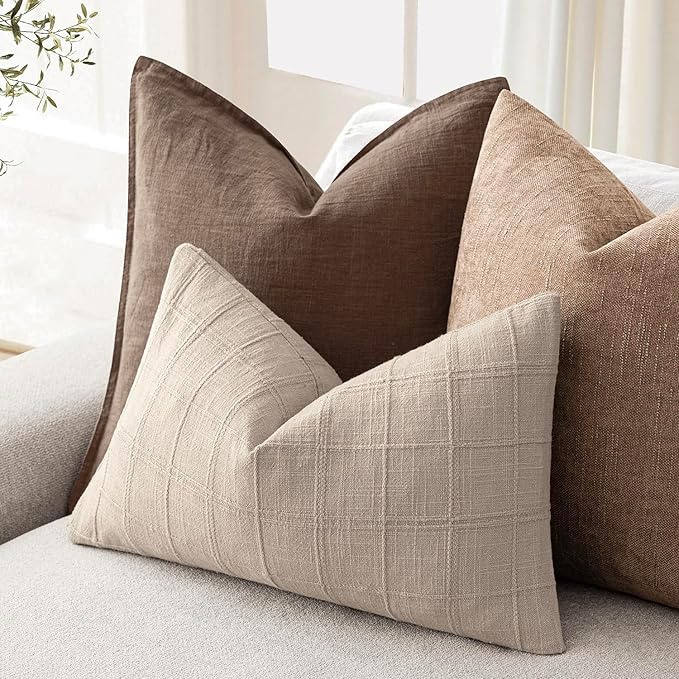 Foindtower Set of 2 Decorative Linen Check Throw Pillow Covers Neutral Farmhouse Lumbar Cushion Covers Modern Boho Home Decor for Sofa Chair Couch Bedroom Living Room,12×24 Inch,Natural Linen