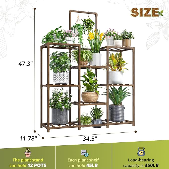 EnHomee Plant Stand Indoor Tall Plant Stand Outdoor Large Wood Plants Shelf with 10-12 Pots for Patio, Living Room, Garden, Balcony, 34.5" Wx47.3 Hx11.78 D