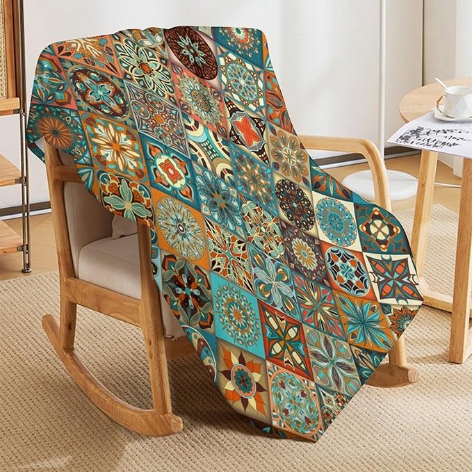 Boho Floral Throw Blanket Mandala Colorful Bohemian Flowers Art Pattern Blanket for Sofa Bed Couch Chair Or Dorm 40"x50"