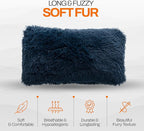 Cheer Collection Throw Pillows for Couch and Bed, Soft Shaggy Throw Pillows with Inserts Included, Cozy Long Hair Faux Fur Pillows - Set of 2-12" x 20" - Navy Blue