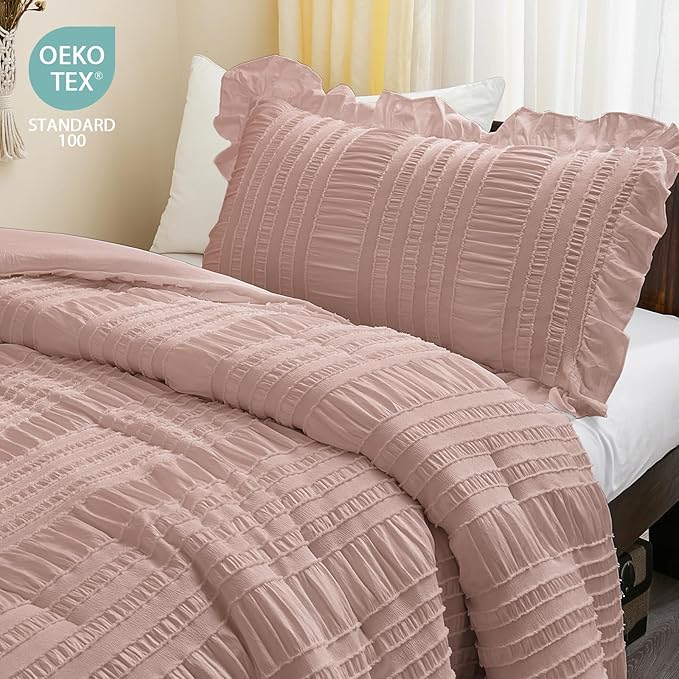 WONGS BEDDING Comforter Full Size, Pink Ruffle Comforter for Full Bed for Dorm Room Essentials, Soft Seersucker Textured Bedding Set Full Size Comforter Sets for Girls 90"×78"