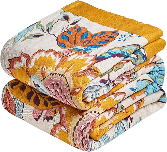 Boho Throw Blanket - 50"x60" 100% Cotton Ultra Soft Lightweight Spring Blanket, 4-Layer Breathable Muslin Blankets for Bed Couch, Reversible Green Floral Butterfly Printed Bohemian Cotton Quilt