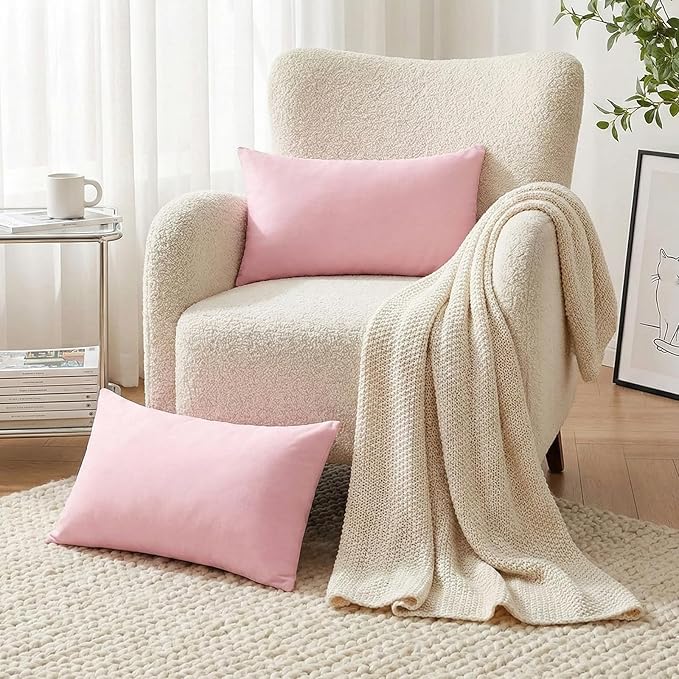 Thmyo 4-Pack 100% Cotton Lumbar Comfortable Solid Decorative Throw Pillow Covers Rectangle Cushion Cover Pillowcases Valentines Day DIY Throw Pillow Cases for Sofa Bed Car(12x20inch/30x50cm,Pink)