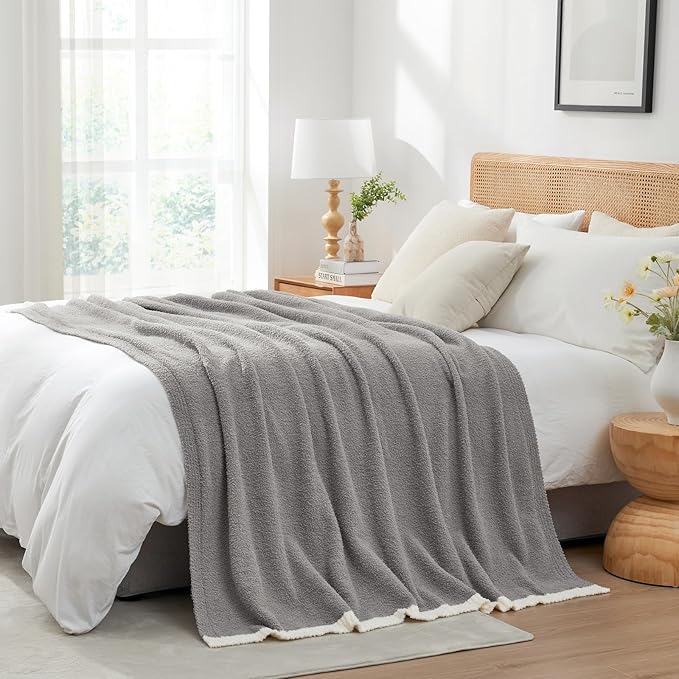 Snuggle Sac Ultra Soft Throw Blanket for Couch Bed Sofa 50x60 inches, Reversible Grey Blanket Microfiber Fluffy Fuzzy Cozy Knit Throws for Women Mothers Birthday Gifts