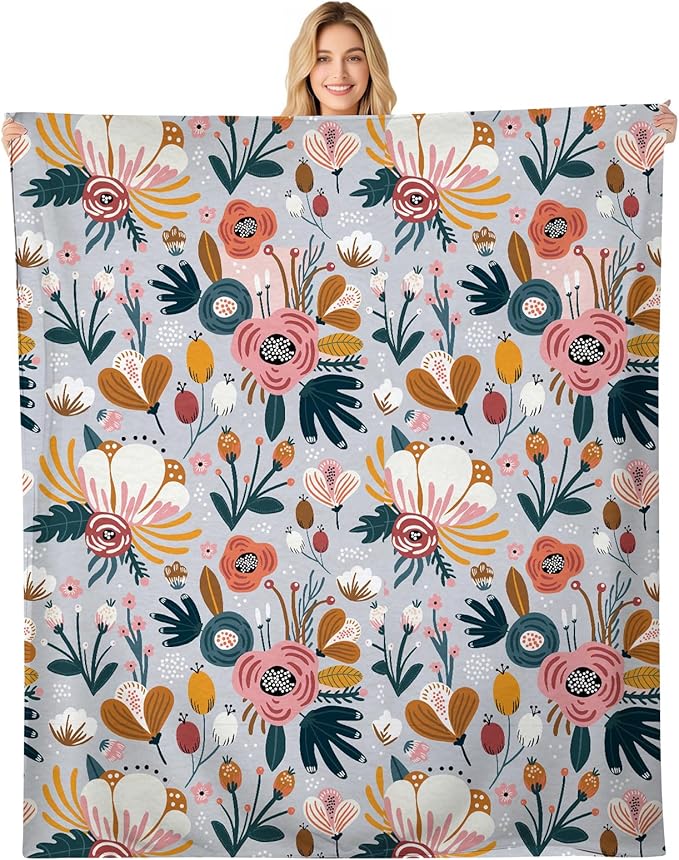 Throw Blanket for Couch, 300GSM Warm Soft Cozy Flannel Blanket, Cute Blanket for All Seasons Bedroom Home Decor Gifts, Cute Boho Flowers 50x60 Inches