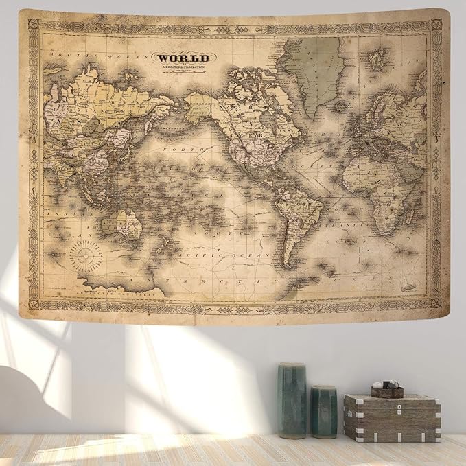 GOAOK Retro Old World Map - Vintage Asian & European Topography - Educational Tapestry for Classroom & Office - Brown Adventure Travel World Map - 60"X40"