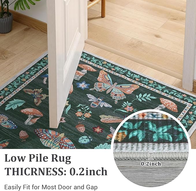 Mushroom Insect Rug 2x6 Runners for Hallways, Boho Kitchen Runner Rugs Non Slip Bath, Modern Washable Rug for Bedroom, Soft Long Rugs for Entryway Bathroom Laundry Dorm, Black