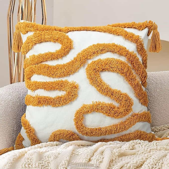 Adabana Yellow and White Pillow Covers Decorative Tufted Abstract Throw Pillows Cover Modern Farmhouse Home Decor for Couch Living Room Safa Bed,18X18 Inch