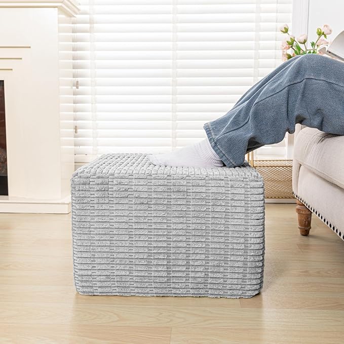 Asuprui Round Square Pouf Ottoman Foot Rest – Lightweight Modern Footstool with Plush Foam Filling, Perfect for Living Room Decor & Cozy Comfort – 20x20x14 Inch Chic Accent Piece (Light Gray)