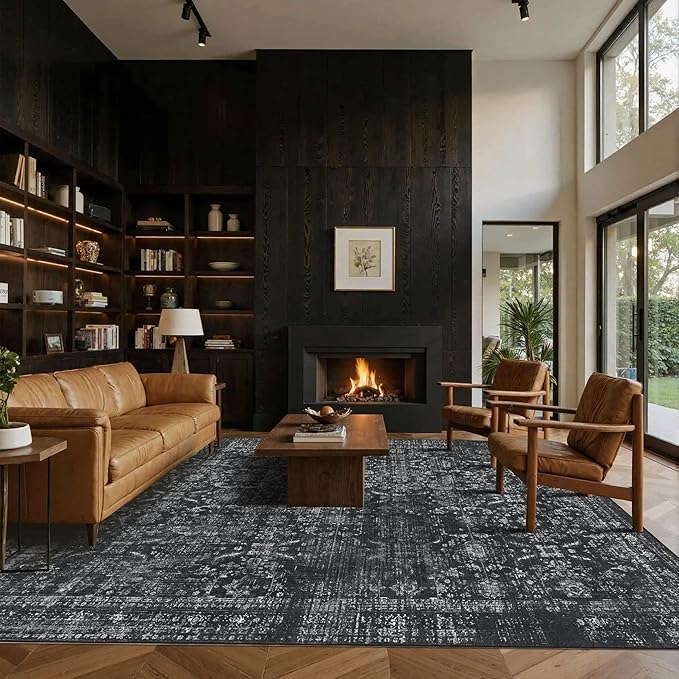 8x10 Area Rugs for Living Room Bedroom, Large Washable Rug, Black Vintage Floral Boho Rug, Non Slip & Low Pile Faux Wool Thin Carpet for Indoor Dining Room and Kids Room(Black 8x10ft)