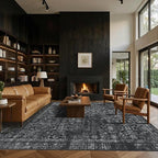 8x10 Area Rugs for Living Room Bedroom, Large Washable Rug, Black Vintage Floral Boho Rug, Non Slip & Low Pile Faux Wool Thin Carpet for Indoor Dining Room and Kids Room(Black 8x10ft)
