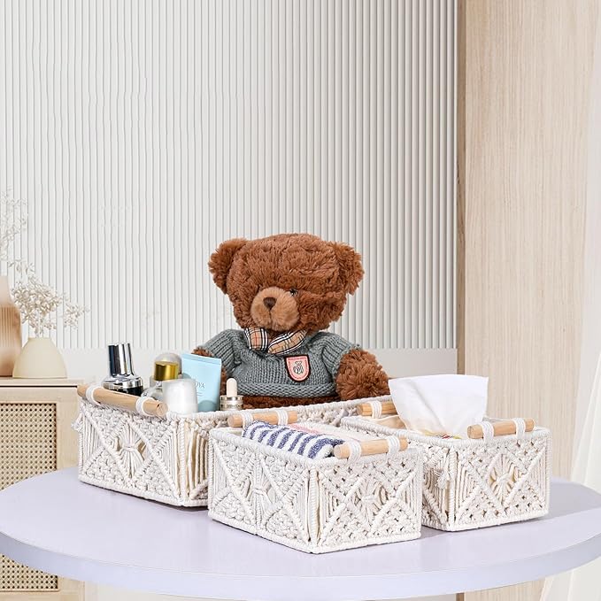 ANMINY 3PCS Macrame Storage Baskets for Organizing Boho Decor Baskets Storage Bins with Wood Handles Handmade Decorative Storage Boxes with Removable Liner Toilet Tank Bathroom Self Basket Organizer